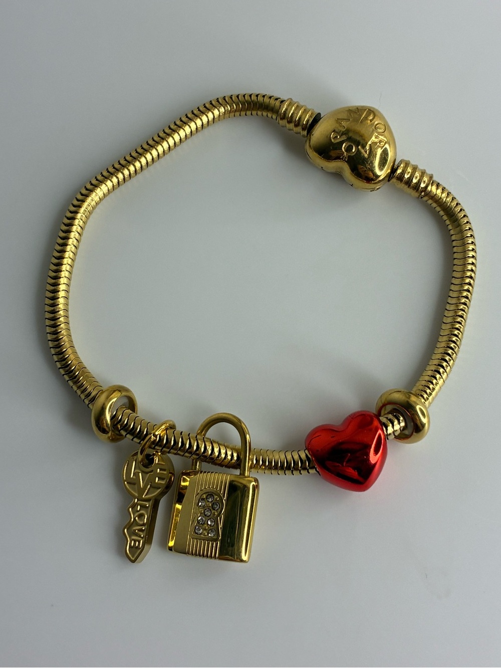Vintage Gold-Tone Charm Bracelet with Red Heart and Lock Charm